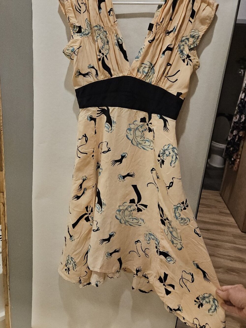 Trashy Diva Bird & Floral Print Rayon Dress Size 8 – Cream Black Blue